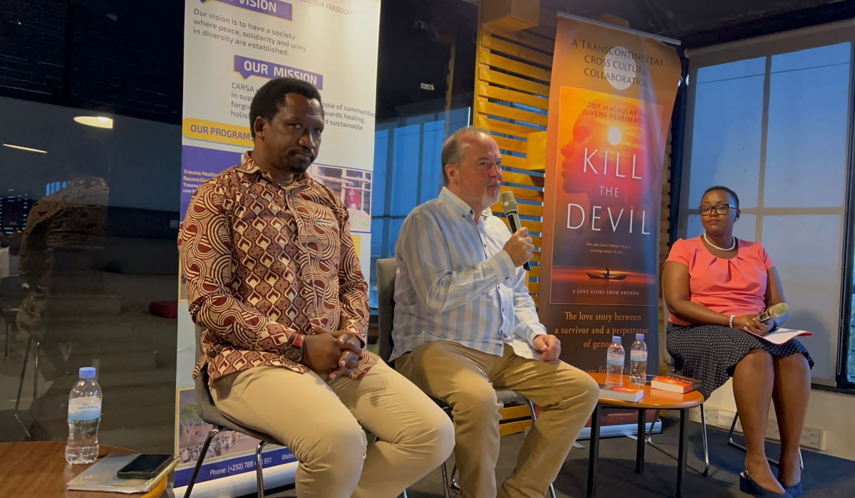 L-R Christophe Mbonyingabo,  Executive Director CARSA,  Dr Tony Macaulay, UK author, and Barbara Umuhoza (host)