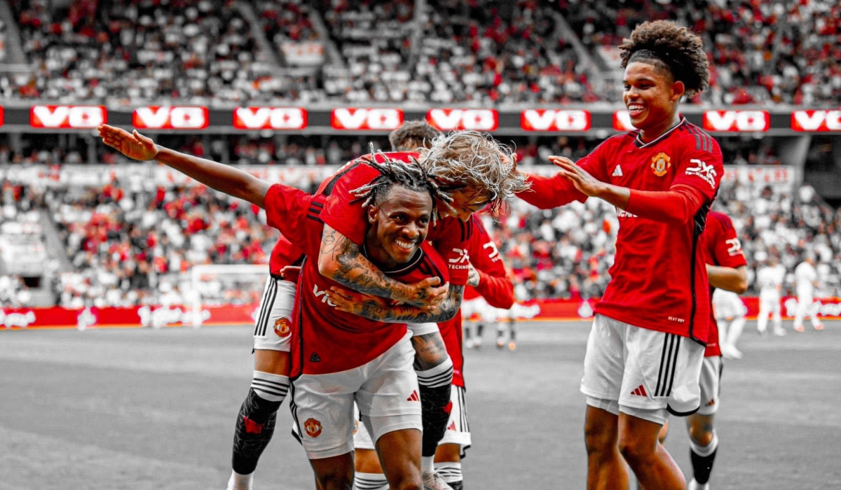 Rwandan wonderkid Noam Emeran celebrates with his teammates. He was on target for Manchester United as they beat Leeds United 2-0 on Wednesday, July 12 in a preseason friendly. COURTESY