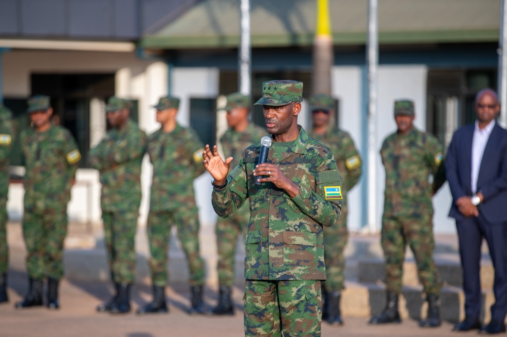 Rwanda Defence Force Chief of Defence Staff Lt Gen Mubarakh Muganga briefing security forces set to deploy to Cabo Delgado Province  on Saturday, July 15. Courtesy