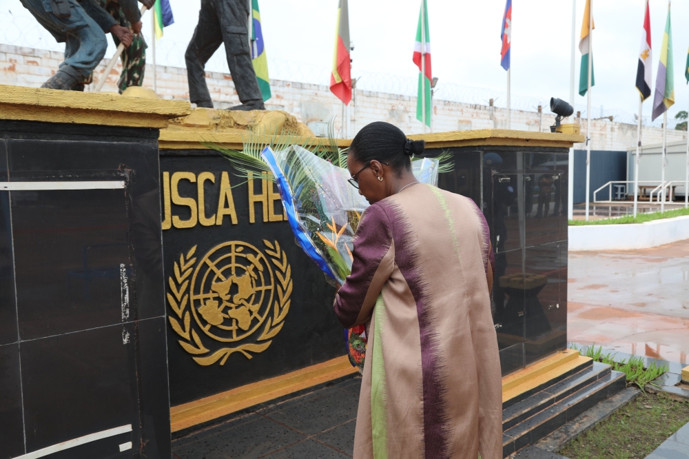 The Special Representative of the Secretary-General of the United Nations in CAR and Head of MINUSCA, Valentine Rugwabiza, lays a wreath to pay tribute to Rwanda&#039;s fallen peacekeeper on Friday, July 14. Courtesy