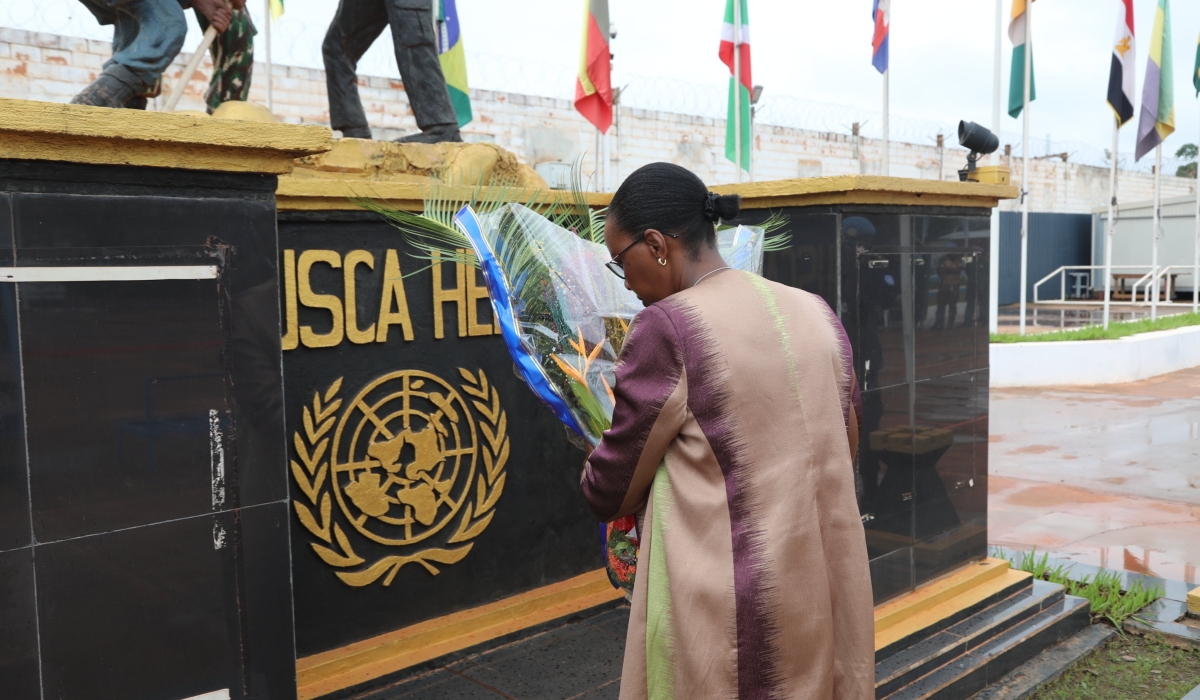 The Special Representative of the Secretary-General of the United Nations in CAR and Head of MINUSCA, Valentine Rugwabiza, lays a wreath to pay tribute to Rwanda&#039;s fallen peacekeeper on Friday, July 14. Courtesy