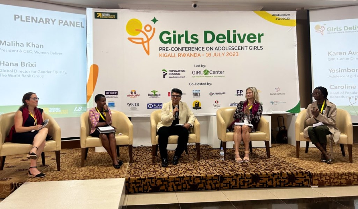 L-R: Karen Austrian, the Director of GIRL Center; Caroline Kabiru, Head of Population Dynamics and Reproductive Health, African Population and Health Research Center; Maliha Khan, President and CEO of Women Deliver; Yosimbom Jania Ney, Adolescent Activist from Cameroon; and Hana Brixi, Global Director for Gender Equality, at The World Bank Group during a plenary panel at Girls Deliver: Pre-Conference on Adolescent Girls. COURTESY