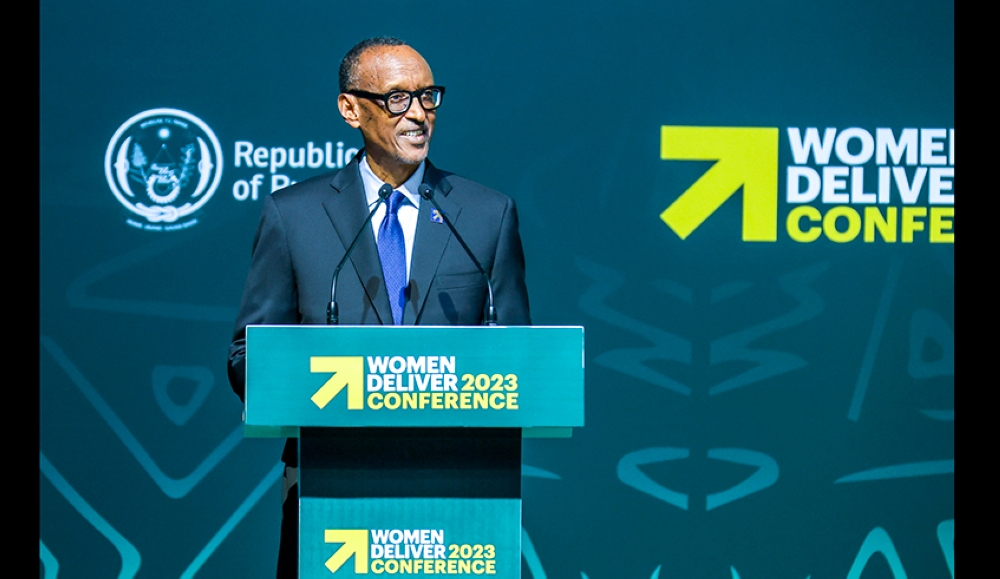 President Paul Kagame addresses over 6000 delegates at the official opening of Women Deliver 2023 Conference at BK Arena, on Monday, July 17. During his remarks, Kagame said that  commitments that are not followed by action cannot fulfill the promise to build a more just and prosperous future for future generations.   Photo by Olivier Mugwiza