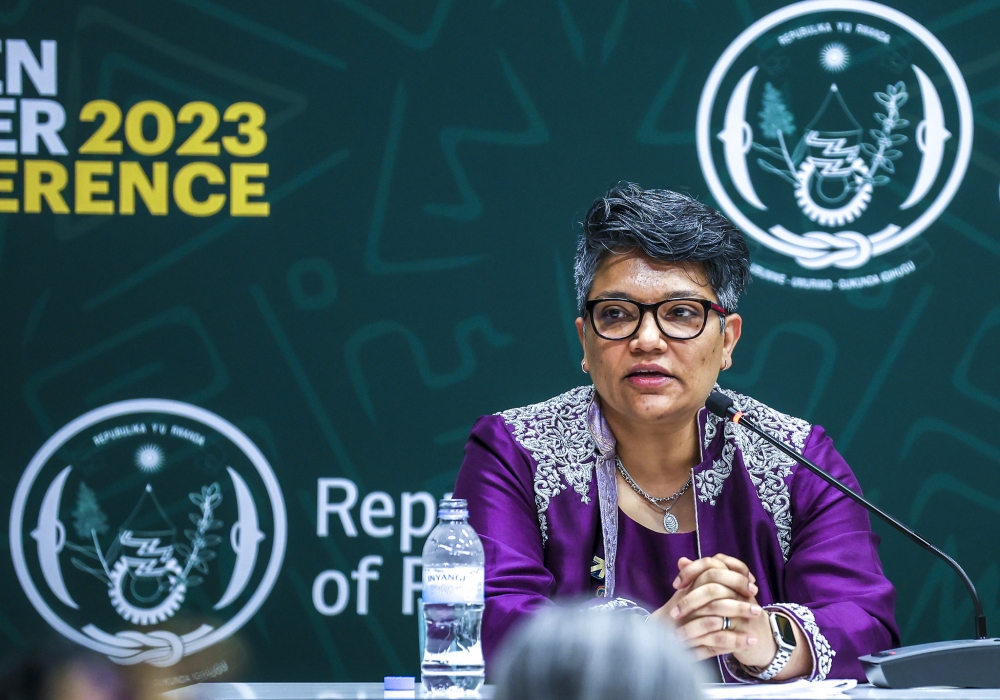 Women Deliver president and Chief Executive Officer Maliha Khan addresses journalists during a press conference in Kigali on July 17. PHOTOS BY OLIVIER MUGWIZA