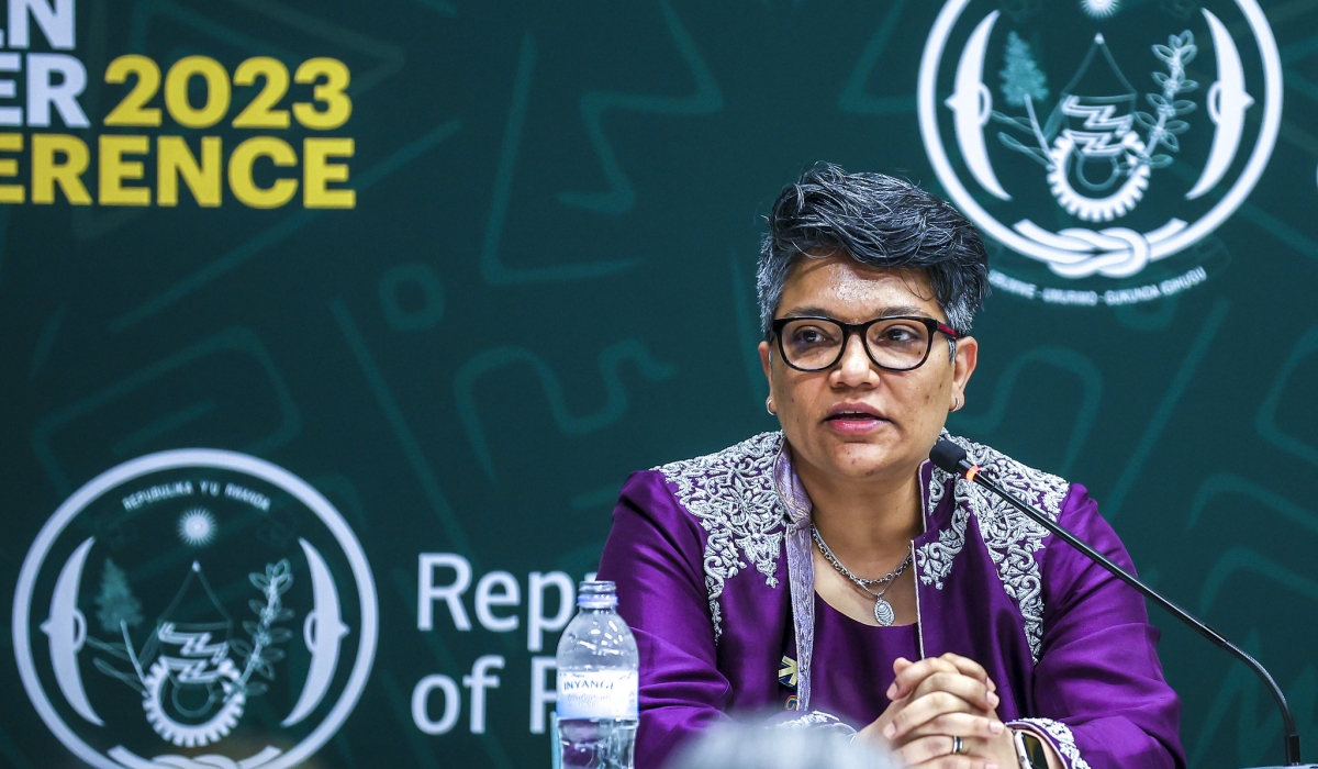 Women Deliver president and Chief Executive Officer Maliha Khan addresses journalists during a press conference in Kigali on July 17. PHOTOS BY OLIVIER MUGWIZA