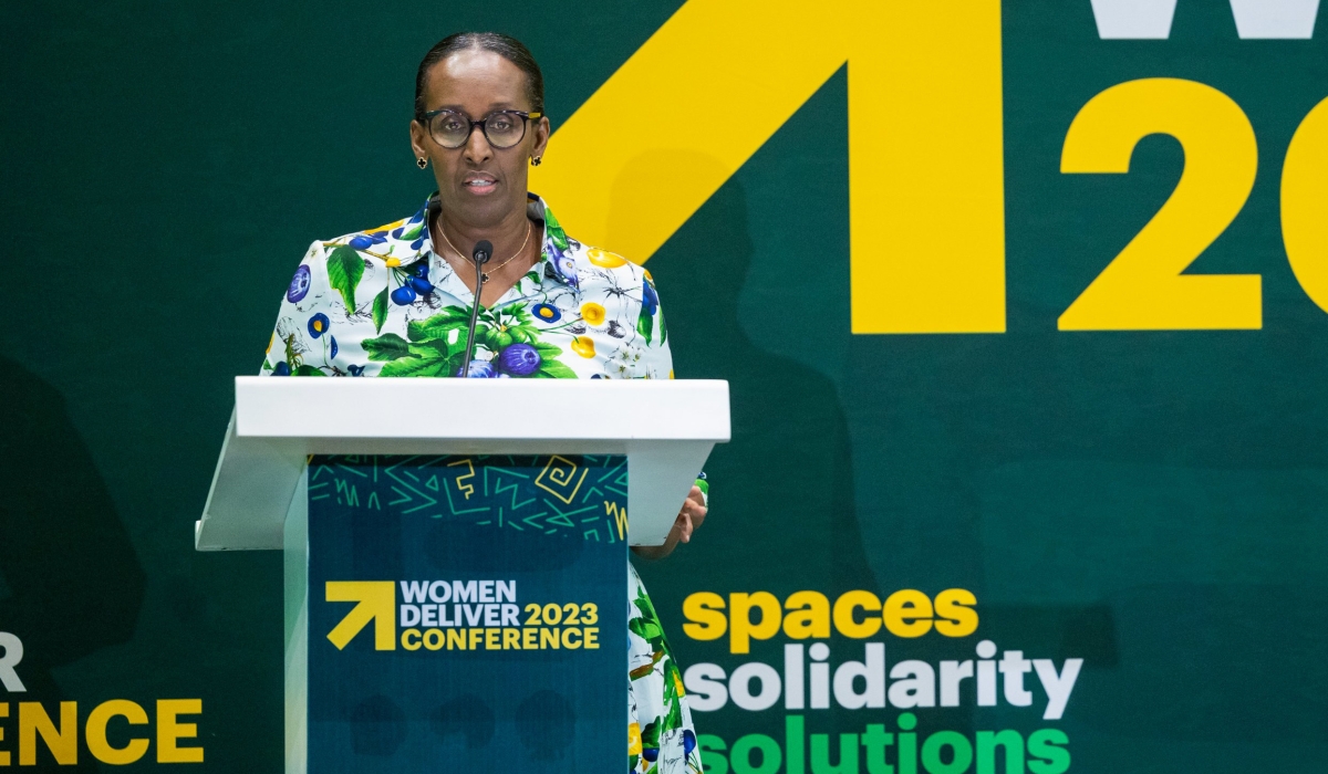 First Lady Jeannette Kagame addresses delegates during a fireside chat session themed “The State of Gender Equality in Era of Crises”, on, Tuesday, July 18. Courtesy