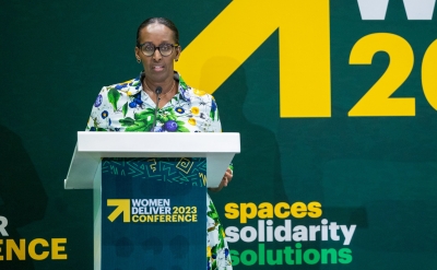 First Lady Jeannette Kagame addresses delegates during a fireside chat session themed “The State of Gender Equality in Era of Crises”, on, Tuesday, July 18. Courtesy