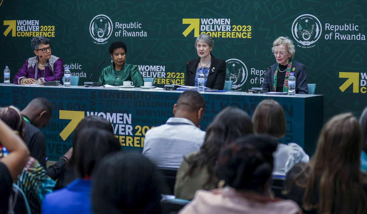 Some speakers address journalists during a side event of press conference on Women Deliver Conference in Kigali on July 17. Photo by Olivier Mugwiza
