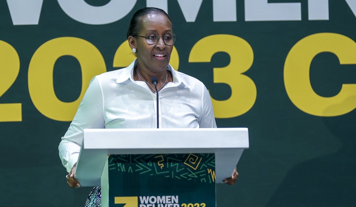 First Lady Jeannette Kagame delivers remarks at a side event of the Women Deliver conference themed “Scaling Innovative Solutions to Enhance Women’s Access to Finance” on Wednesday, July 19, in Kigali. Photo by  Olivier Mugwiza