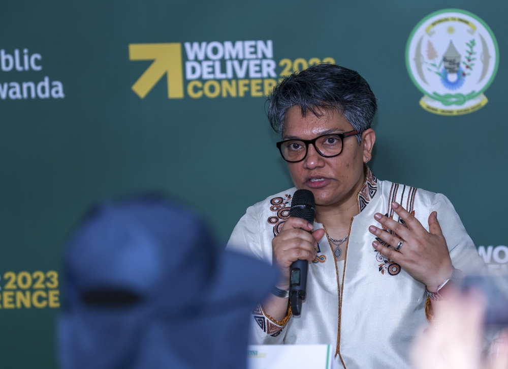 President and CEO of Women Deliver, Maliha Khan addresses journalists on July 20. She highlighted the need for securing bodily autonomy and sexual and reproductive health and rights for women and girls. Olivier Mugwiza