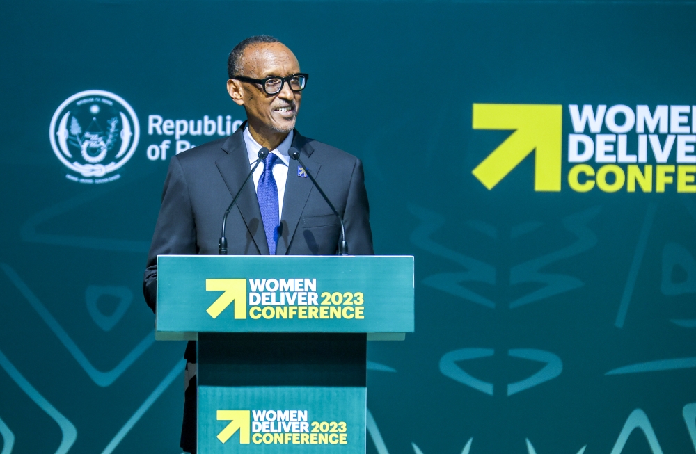 President Paul Kagame addresses over delegates at the official opening of Women Deliver 2023 Conference at BK Arena, on Monday, July 17.  During his remarks, Kagame said that commitments that are not followed by action cannot fulfill the promise to build a more just and prosperous future for future generations. Photo by Olivier Mugwiza.