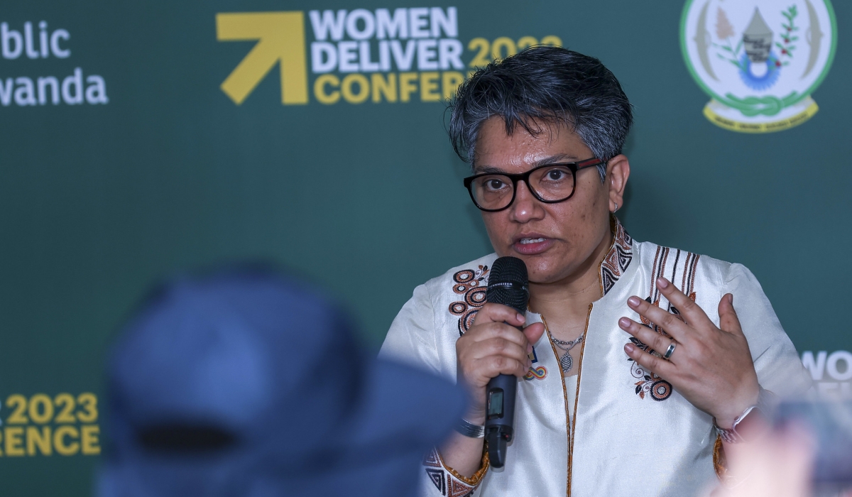 President and CEO of Women Deliver, Maliha Khan addresses journalists on July 20. She highlighted the need for securing bodily autonomy and sexual and reproductive health and rights for women and girls. Olivier Mugwiza