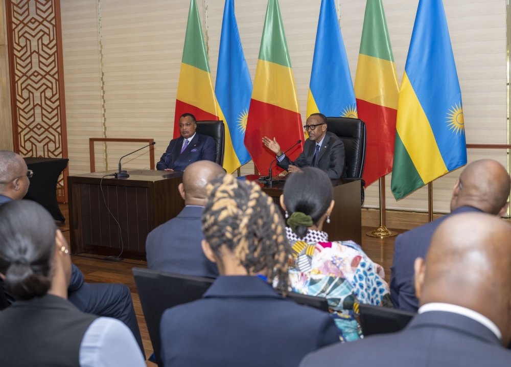 President Paul Kagame and President Sassou Nguesso witness the signing of an agreement of cooperation on accelerating the implementation of the African Continent Free Trade Area (AfCFTA) in Kigali on July 22. Photo 