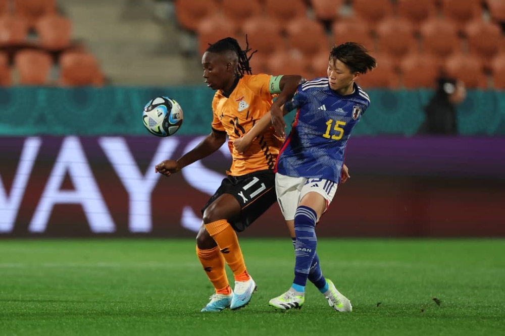 Zambia captain Barbara Banda vies for a ball against a Japanese opponent during Saturday’s 5-0 humiliation