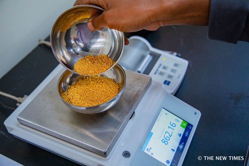 A worker weighs  gold for export at Gold Refinery in Rwanda on  June 18, 2019. According to the Rwanda Mines, Petroleum, and Gas Board, Gold exports raked in more than $302 million. File