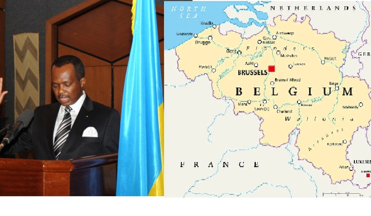 A collage pictures of Rwanda’s former ambassador to DR Congo Vincent Karega and the map of Belgium. File