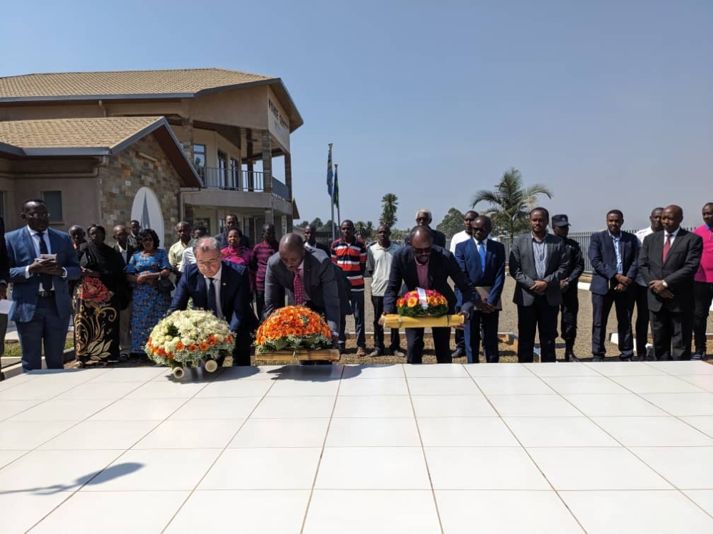 UN prosecutor Serge Brammertz, Rwanda&#039;s Prosecutor General Aimable Havugiyaremye and Ibuka chairperson Philbert Gakwenzire lay wreaths at Nyange Genocide Memorial in honour of over 7,000 victims  of the Genocide against the Tutsi. PHOTOS BY MOISE BAHATI