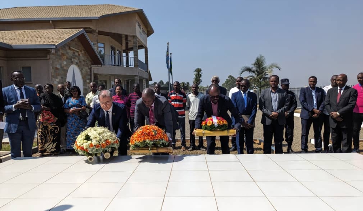 UN prosecutor Serge Brammertz, Rwanda&#039;s Prosecutor General Aimable Havugiyaremye and Ibuka chairperson Philbert Gakwenzire lay wreaths at Nyange Genocide Memorial in honour of over 7,000 victims  of the Genocide against the Tutsi. PHOTOS BY MOISE BAHATI