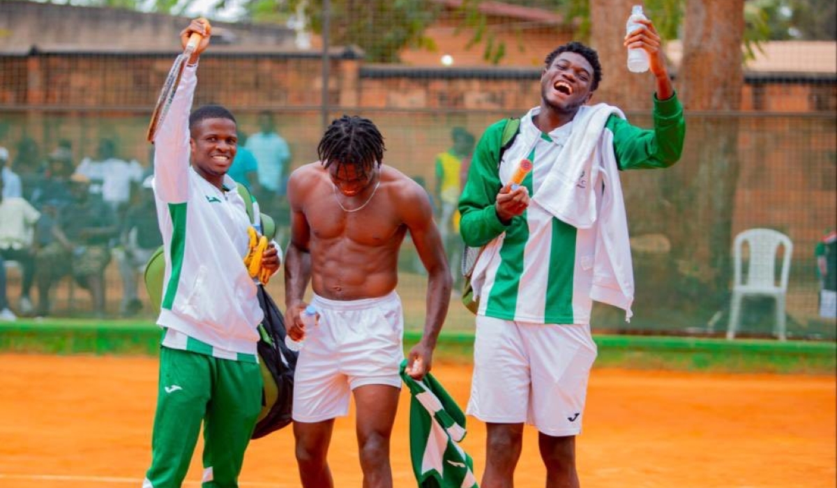 Nigeria celebrate after a hard fought 2-1 victory over Kenya in the Davis Cup Africa Group IV promotion playoff game on Saturday at Kigali Ecology Tennis Club.Nigeria were promoted to Davis Cup Africa Group III-courtesy.