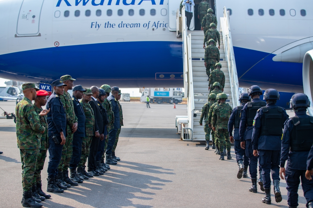 The contingent that left Kigali on Monday, led by Maj. Gen. Alexis Kagame, is part of a force of more than 2,000 Rwandan troops based in Cabo Delgado province. COURTESY PHOTOS