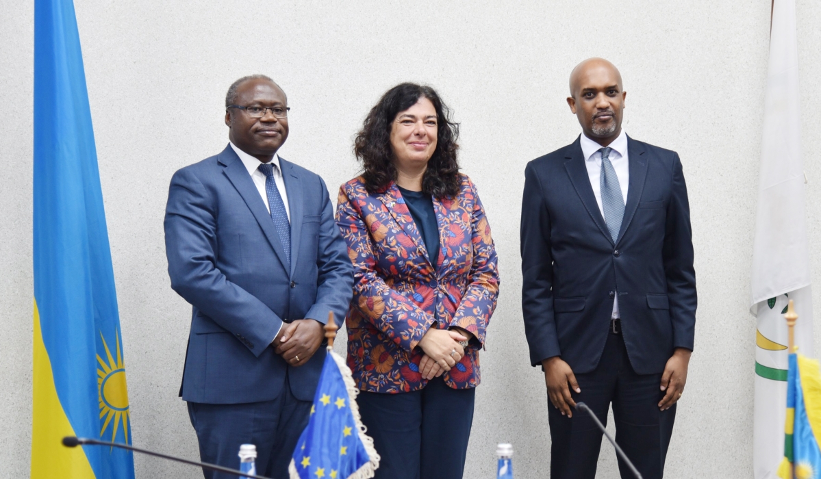 Minister of Finance and Planning, Uzziel Ndagijimana, Minister of Justice, Emmanuel Ugirashebuja, Ambassador of EU to Rwanda, Belén Calvo Uyarra during the signing ceremony on July 31.