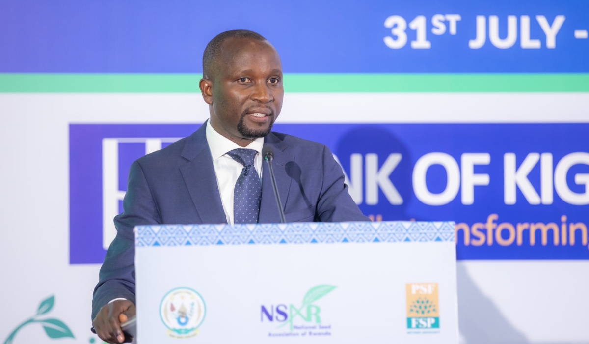 Minister of Agriculture and Animal Resources, Ildephonse Musafiri delivers remarks during the opening of the meeting in Kigali on Monday, July 31. Courtesy
