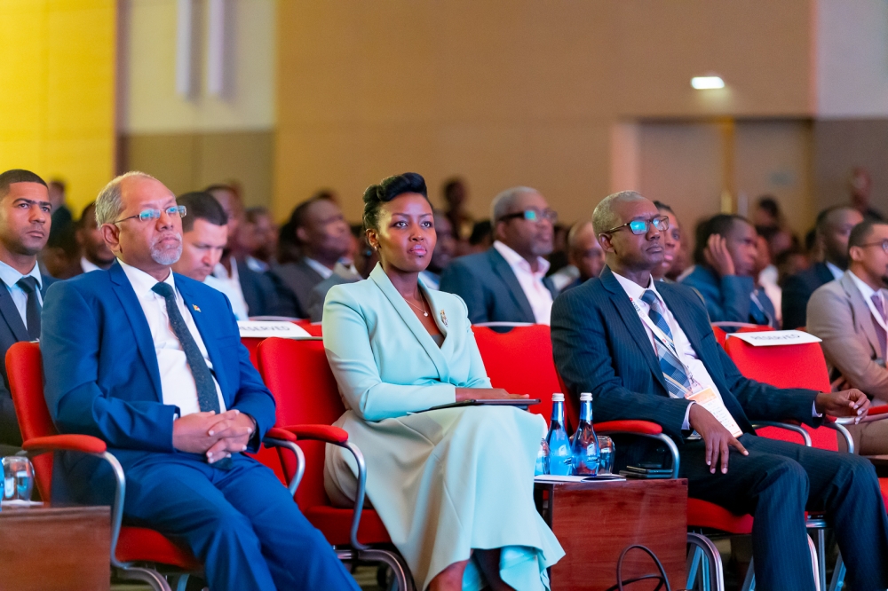 L-R: Seychelles Vice President, Ahmed Afif, Minister for ICT and Innovation, Paula Ingabire and Secretary General of National Intelligence and Security Services (NISS), Maj. Gen Joseph Nzabamwita during the Cyber Tech Africa 2023 conference on Wednesday, August 2.  Photo/Courtesy. 