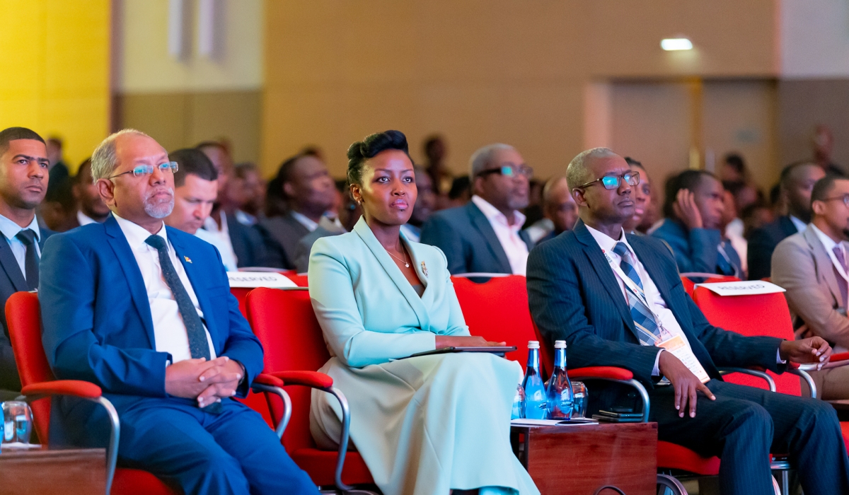 L-R: Seychelles Vice President, Ahmed Afif, Minister for ICT and Innovation, Paula Ingabire and Secretary General of National Intelligence and Security Services (NISS), Maj. Gen Joseph Nzabamwita during the Cyber Tech Africa 2023 conference on Wednesday, August 2.  Photo/Courtesy. 