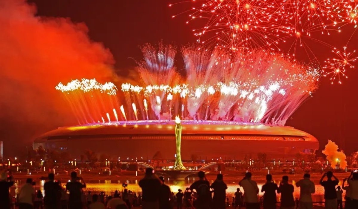 Fireworks explode as the flame is lit during the opening ceremony of Chengdu FISU World University Games in Chengdu, in China&#039;s southwestern Sichuan province on July 28, 2023. [CNS via AFP]