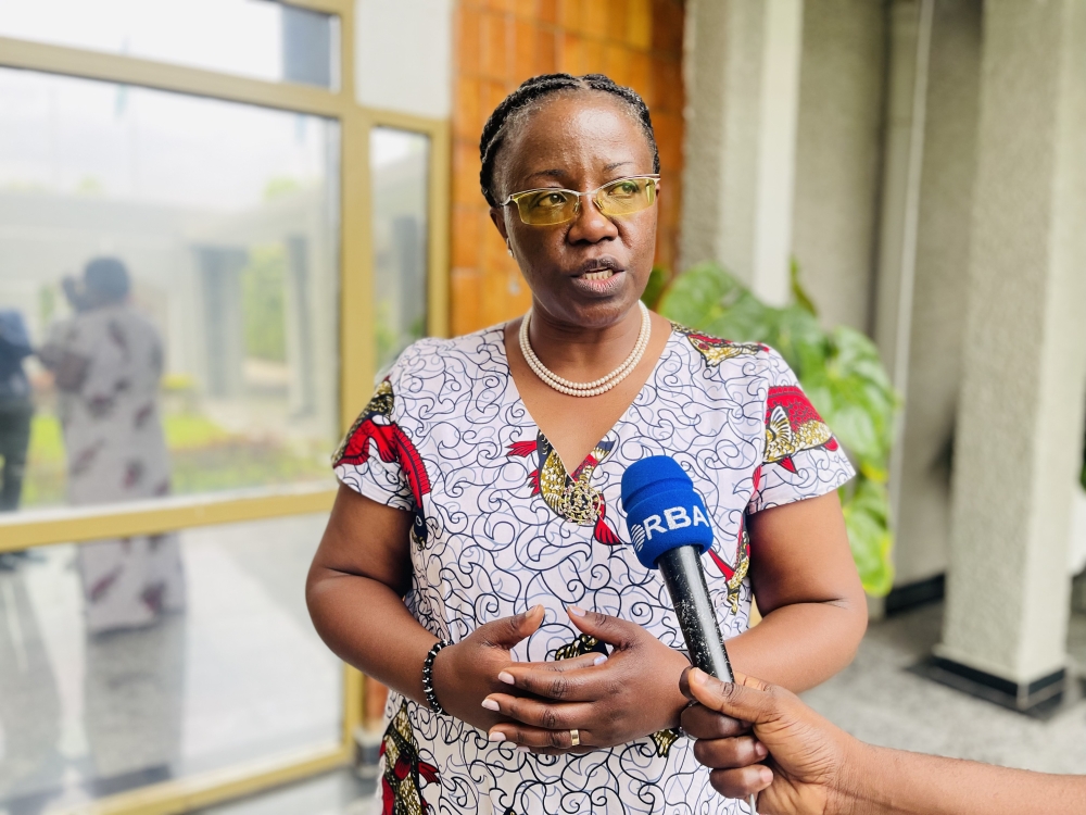 Environment Minister Jeanne d’Arc Mujawamariya speaks to journalists on the biosafety bill that chiefly seeks to regulate GMOs in Rwanda, on August 2, 2023, at Parliamentary buildings in Kigali. PHOTO BY EMMANUEL NTIRENGANYA
