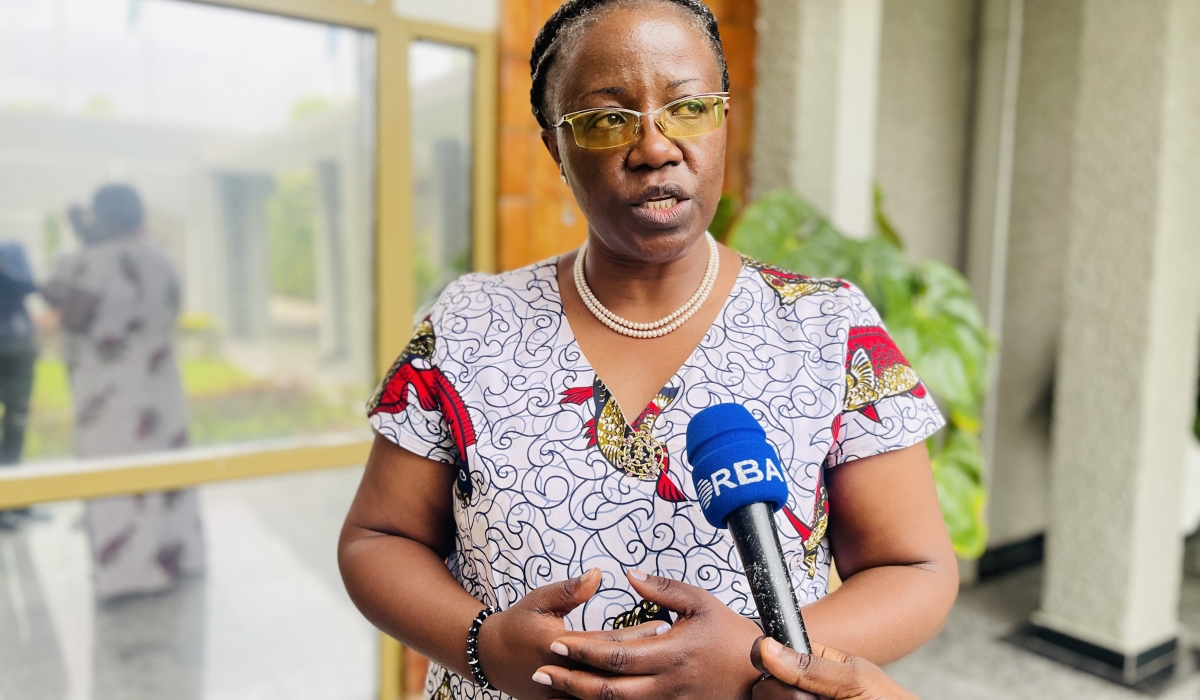 Environment Minister Jeanne d’Arc Mujawamariya speaks to journalists on the biosafety bill that chiefly seeks to regulate GMOs in Rwanda, on August 2, 2023, at Parliamentary buildings in Kigali. PHOTO BY EMMANUEL NTIRENGANYA
