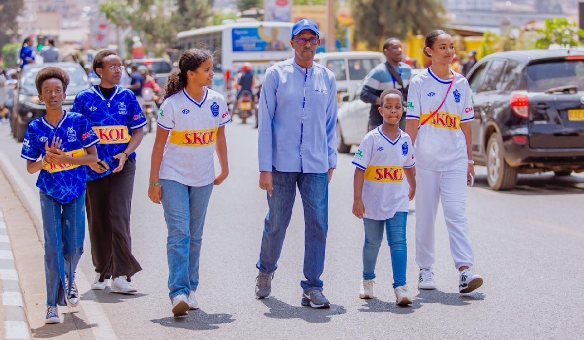 Rayon Sports President Jean-Fidèle Uwayezu (c) leads the fans parade ahead of Saturday’s Rayon Sports Day. Courtesy