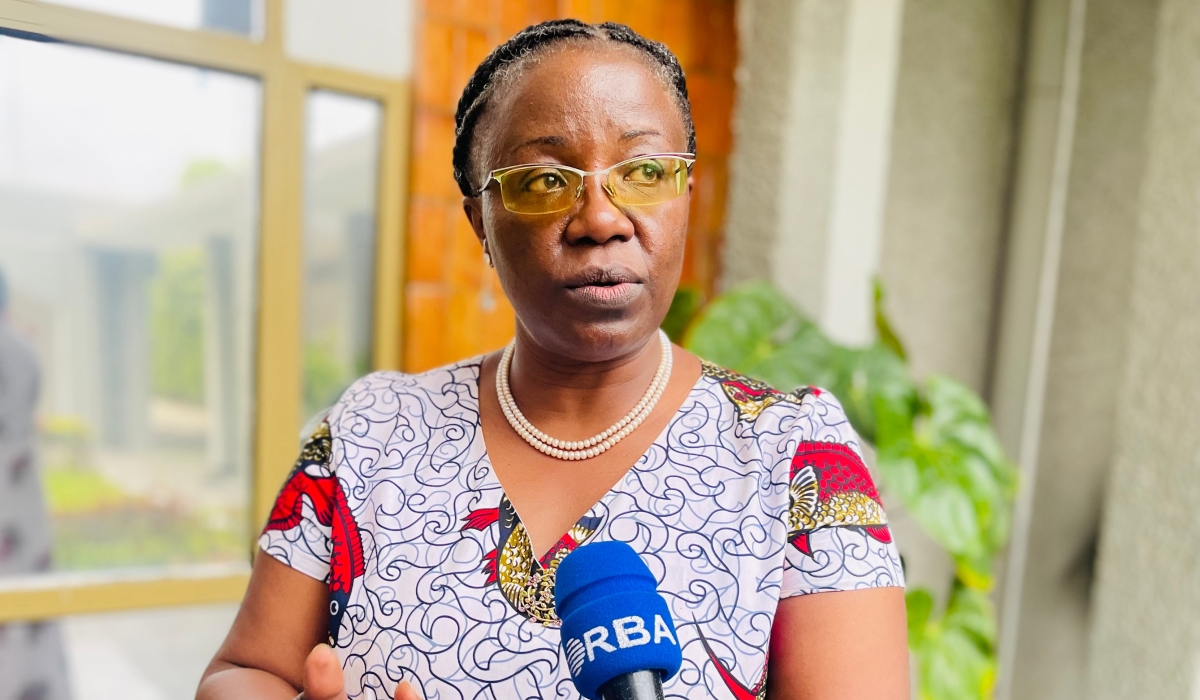 Environment Minister Jeanne d’Arc Mujawamariya explains to journalists how a new bill governing forests and trees could help Rwanda to utilise carbon market, on August 2, 2023, in Kigali. EMMANUEL NTIRENGANYA
