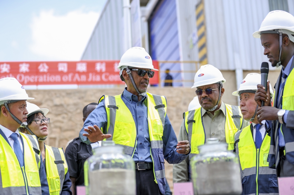 President Paul Kagame during a guided tour of the newly inaugurated AnJia Cement Factory in Muhanga District,on Thursday, August 3.  Photo by Olivier Mugwiza