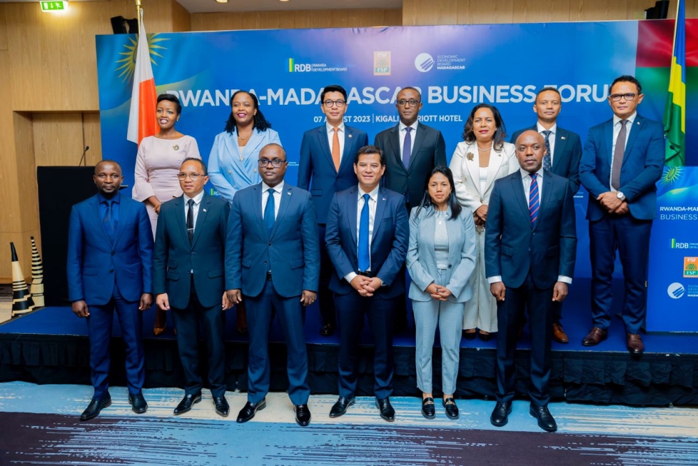 Senior delegates pose for a group photo at Rwanda-Madagascar Business Forum in Kigali on August 7. 