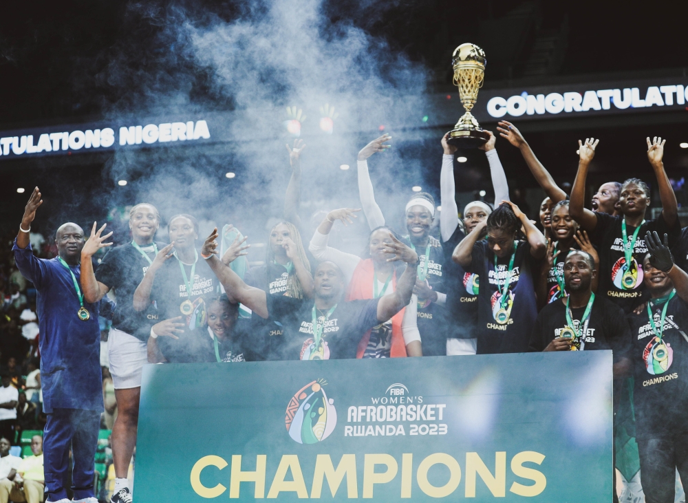 Nigeria women players celebrate the victory as they win the title in Kigali on Saturday, August 5. All photos by Dan Gatsinzi