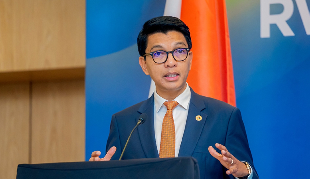 President Andry Rajoelina of Madagascar, delivers remarks during a bilateral business forum in Kigali  on Monday, August 7. Courtesy