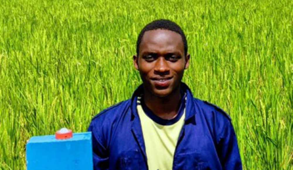 Shema Honore Bakundukize, IPRC student visits a rice plantation where farmers use his bird repellent  devices. Photo by Emmamuel Nkangura