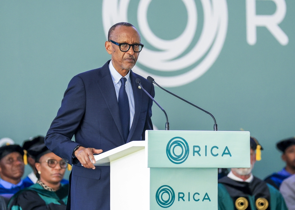President Paul Kagame delivers remarks at the first-ever graduation ceremony at  Rwanda Institute for Conservation Agriculture (RICA) in Bugesera District on Tuesday, August 8. Photos by Olivier Mugwiza