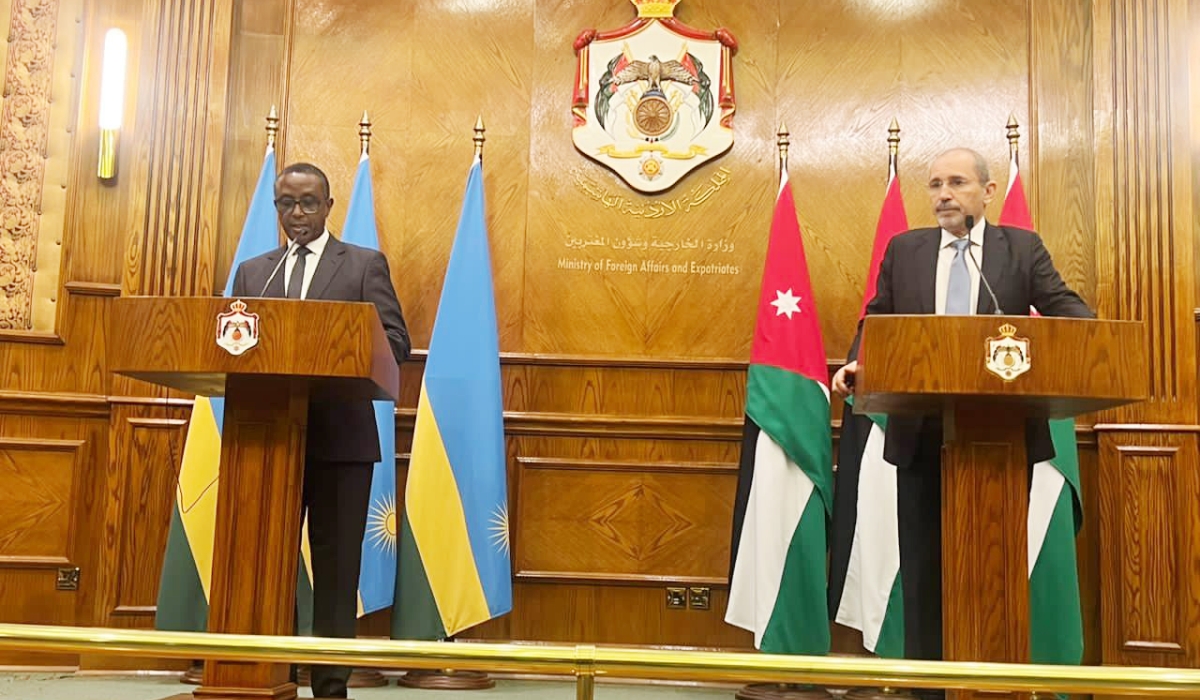 Rwanda’s Foreign Affairs Minister Vincent Biruta announcing the decision to have a diplomatic presence in Amman, on Wednesday, August 9, 2023, as the Deputy Prime Minister and Minister of Foreign Affairs and Expatriates of the Hashemite Kingdom of Jordan, Ayman Safadi, looks on. Courtesy. 