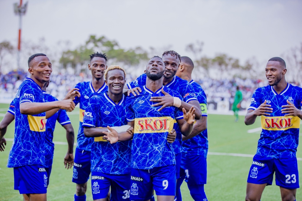 Rayon Sports players join striker Charles Bbaale in celebration after giving the Blues an early lead in the Super Cup on Saturday, August 12, at Kigali Pelé Stadium-courtesy.