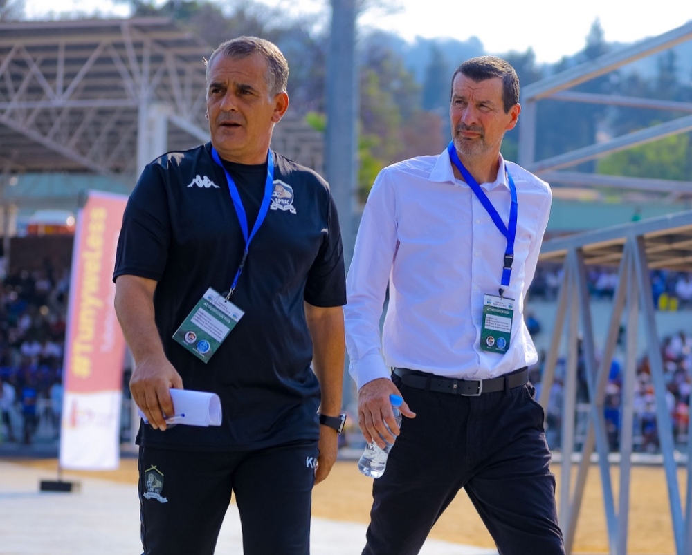 Army side head coach with his assistant look disappointed as Rayon Sports shocked their side by 3-0 at Kigali Pele stadium.