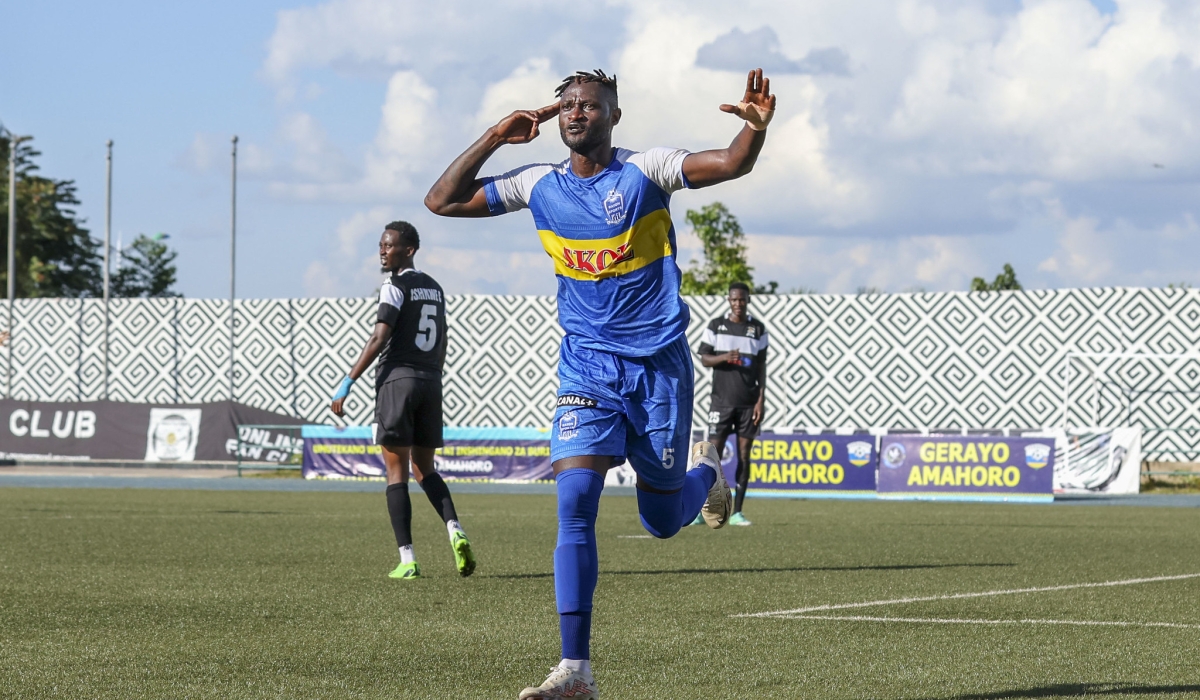 Rayon Sports&#039; Eric Ngendahimana celebrates his goal during a Peace Cup final in June 2023. The Blues is facing APR FC in the  Rwanda Supercup game on Saturday,  August 12. Olivier Mugwiza