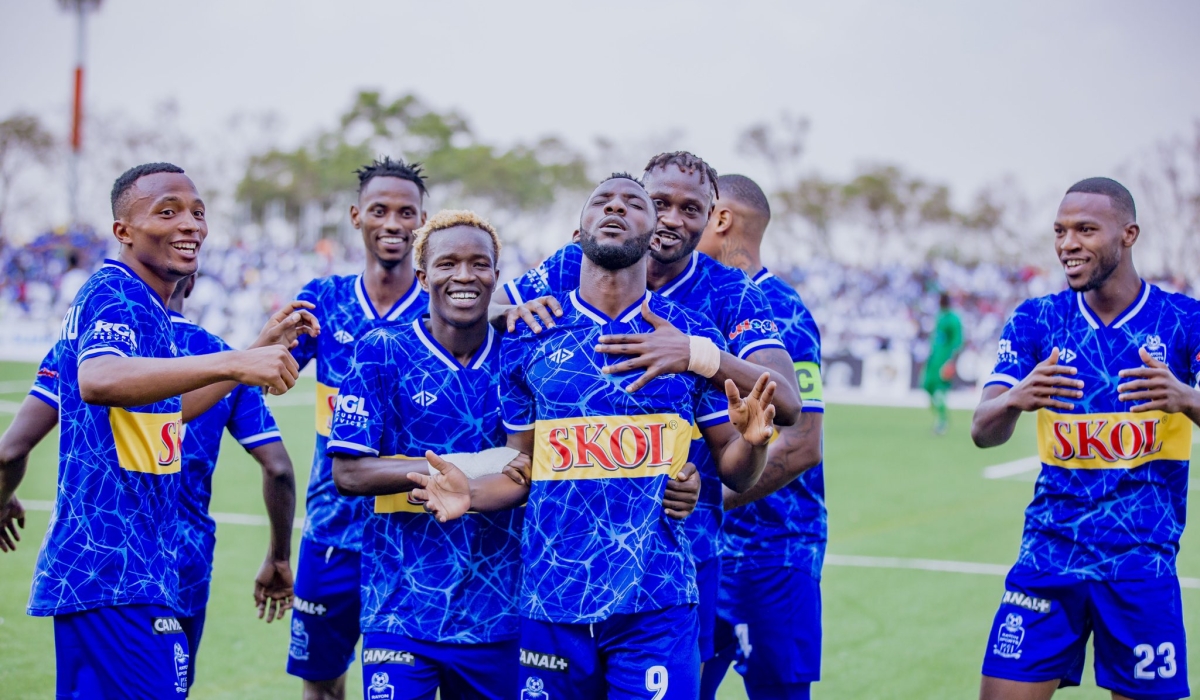 Rayon Sports players join striker Charles Bbaale in celebration after giving the Blues an early lead in the Super Cup on Saturday, August 12, at Kigali Pelé Stadium-courtesy.
