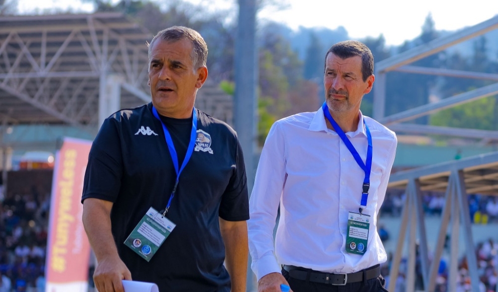 APR FC coach Thierry Froger (R)  and his assistant look disappointed as Army side fell to a shock 3-0 defeat to bitter rivals Rayon Sports to win Super Cup title at Kigali Pelé Stadium on August 12. Courtesy