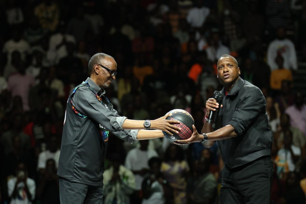 President Paul Kagame and Masai Ujiri, the co-founder of Giants of Africa and President of the NBA&#039;s Toronto Raptors during the official opening of the 2023 Giants of Africa Festival in Kigali on Sunday, August 13. The week-long festival has brought together 250 youth from 16 African countries to take part in sports, entertainment, and cultural activities among others. Photo by OLIVIER MUGWIZA