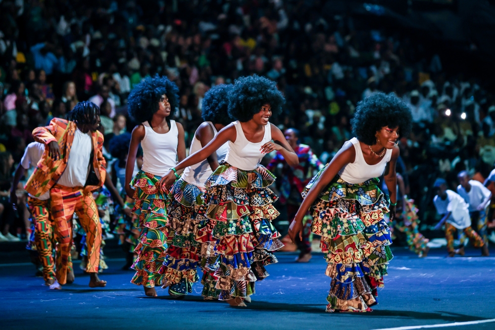Artistes during their performance during the official opening  of Giants of Africa Festival in Kigali on Sunday, August 13. Photo by Olivier Mugwiza