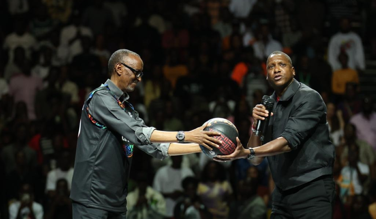 President Paul Kagame and Masai Ujiri, the co-founder of Giants of Africa and President of the NBA&#039;s Toronto Raptors during the official opening of the 2023 Giants of Africa Festival in Kigali on Sunday, August 13. The week-long festival has brought together 250 youth from 16 African countries to take part in sports, entertainment, and cultural activities among others. Photo by OLIVIER MUGWIZA