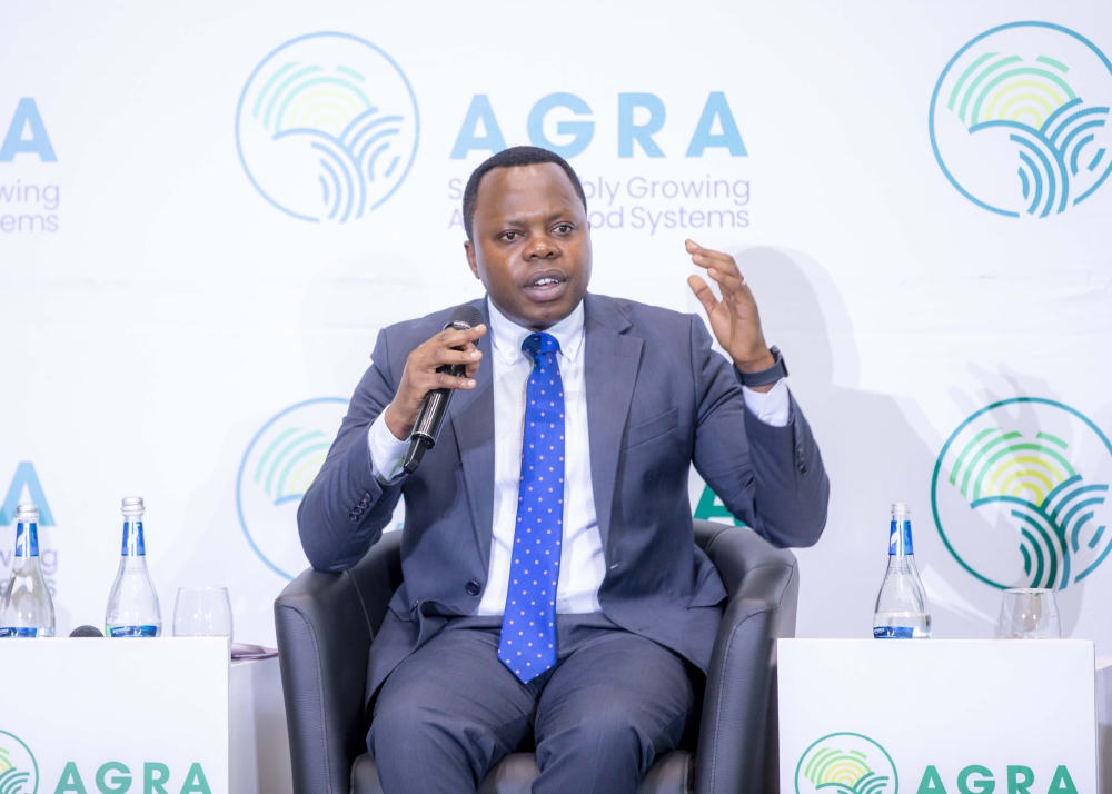 Youth Minister Jean Nepo Abdallah Utumatwishima speaks about the need for initiatives to address youth unemployment, during the launch of AGRA's Rwanda country strategy, on August 14, 2023