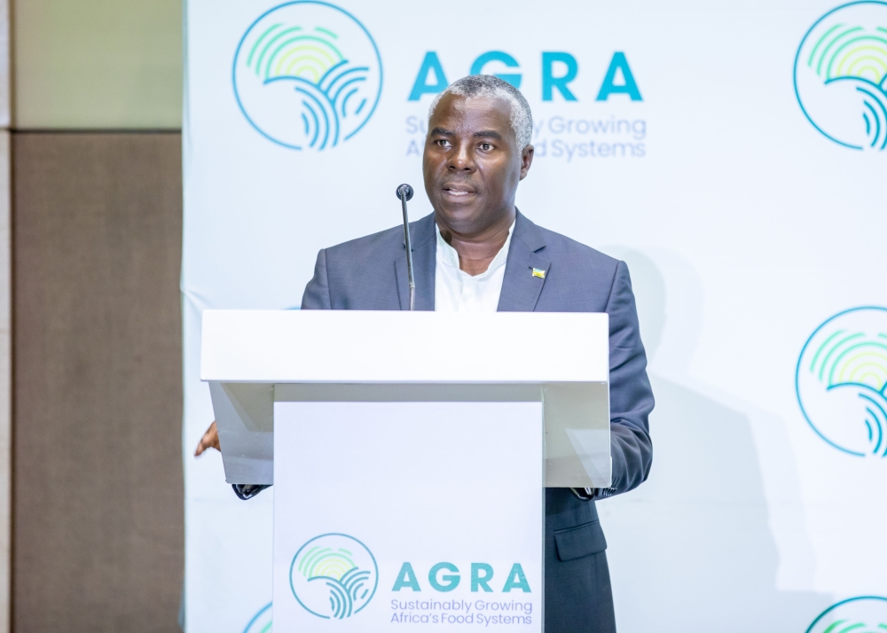 AGRA Rwanda Country Manager, Jean Pierre Ndagijimana, gives a presentation on the new five-year Rwanda country strategy, during its launch on August 14, 2023,